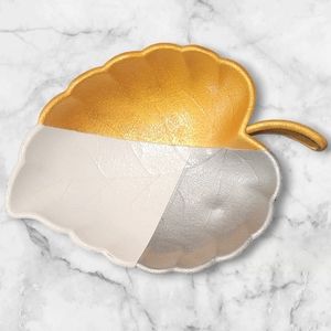 Hand Painted Gold, Silver, White Leaf Metal Jewelry Dish